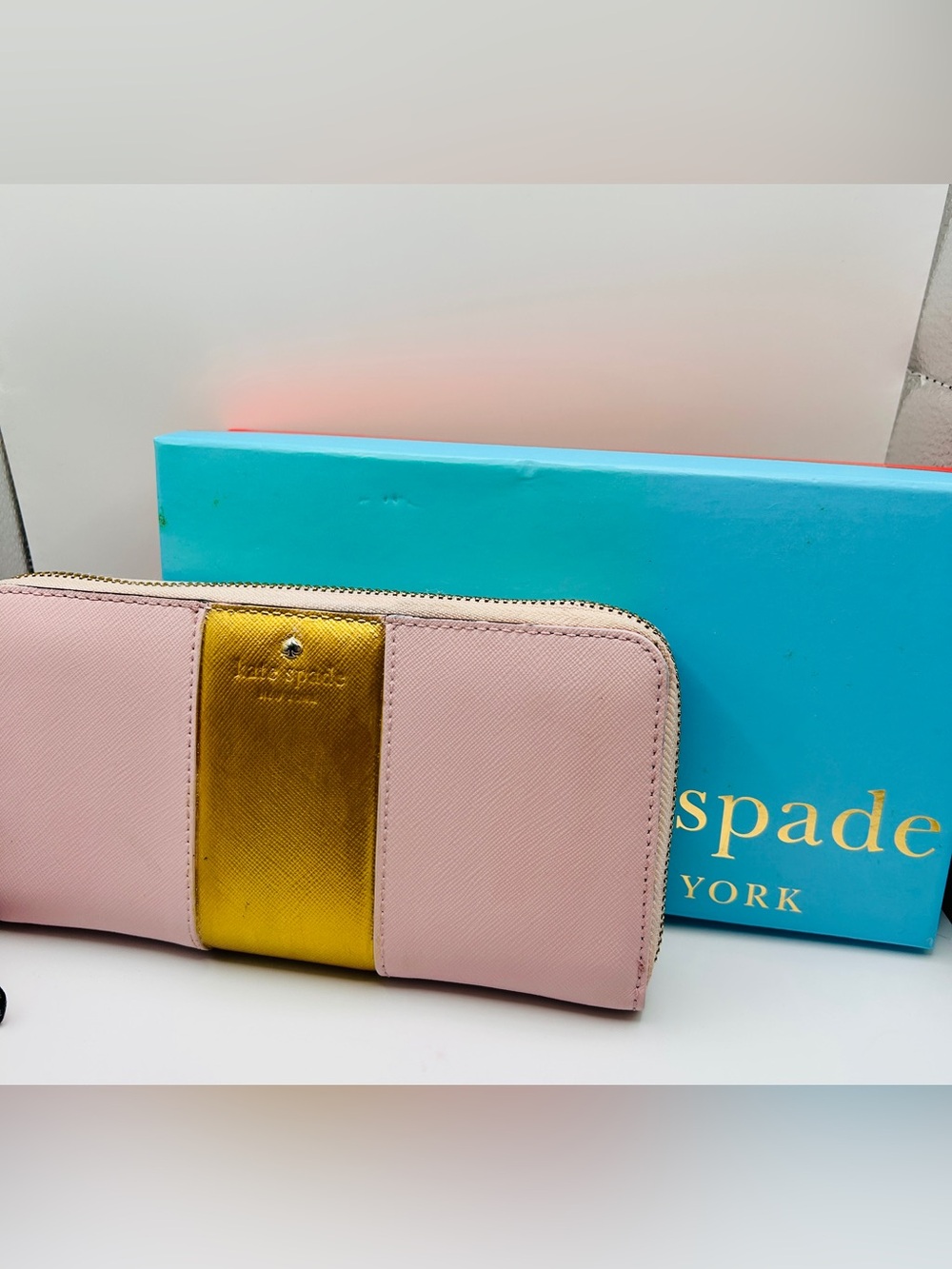 Kate Spade Pink and Gold Zip-Around Saffiano Wallet Good Condition